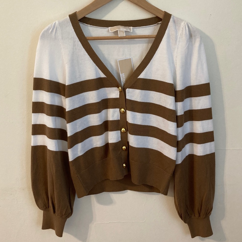 NWT Micheal Kors Button Up Striped White and Brown Striped Cardigan